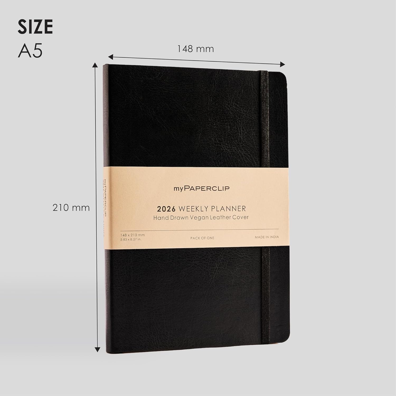 myPAPERCLIP 2026 Weekly Planner | Italian Vegan Leather Cover, 192 Pages, 80 GSM, A5 (5.83 x 8.27 in) | Flat Lay | Yearly Calendar, Monthly Overview & Weekly Planner Layout | Black
