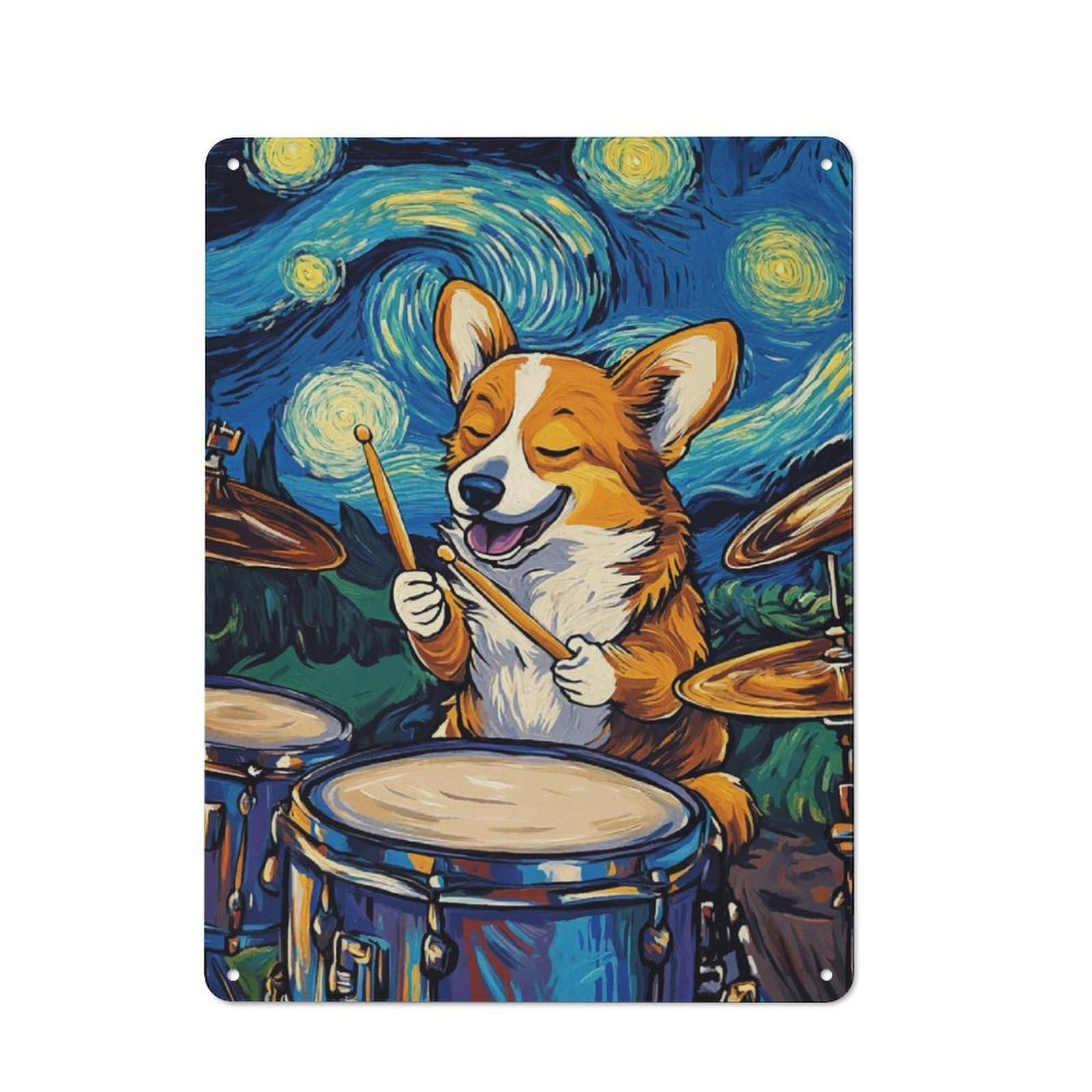 Junmoney Corgi Drummer Starry Night Retro Tin Sign 40X30cm For Pub Or Café, For Collectors Building A Themed Wall Display