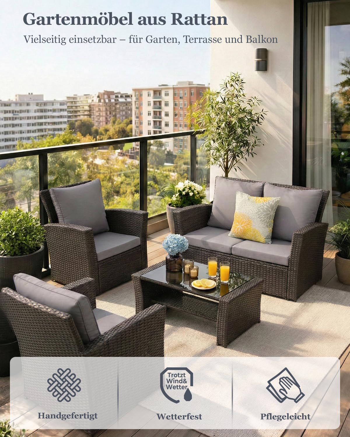 Atenza Polyrattan Gartenmöbel Set 4-teilig, Balkonmöbel Lounge Sitzgruppe | Wetterfeste Terrassenmöbel für 4 Personen, Glastisch mit praktischem Stauraum, waschbare Kissenbezüge mit Reißverschluss
