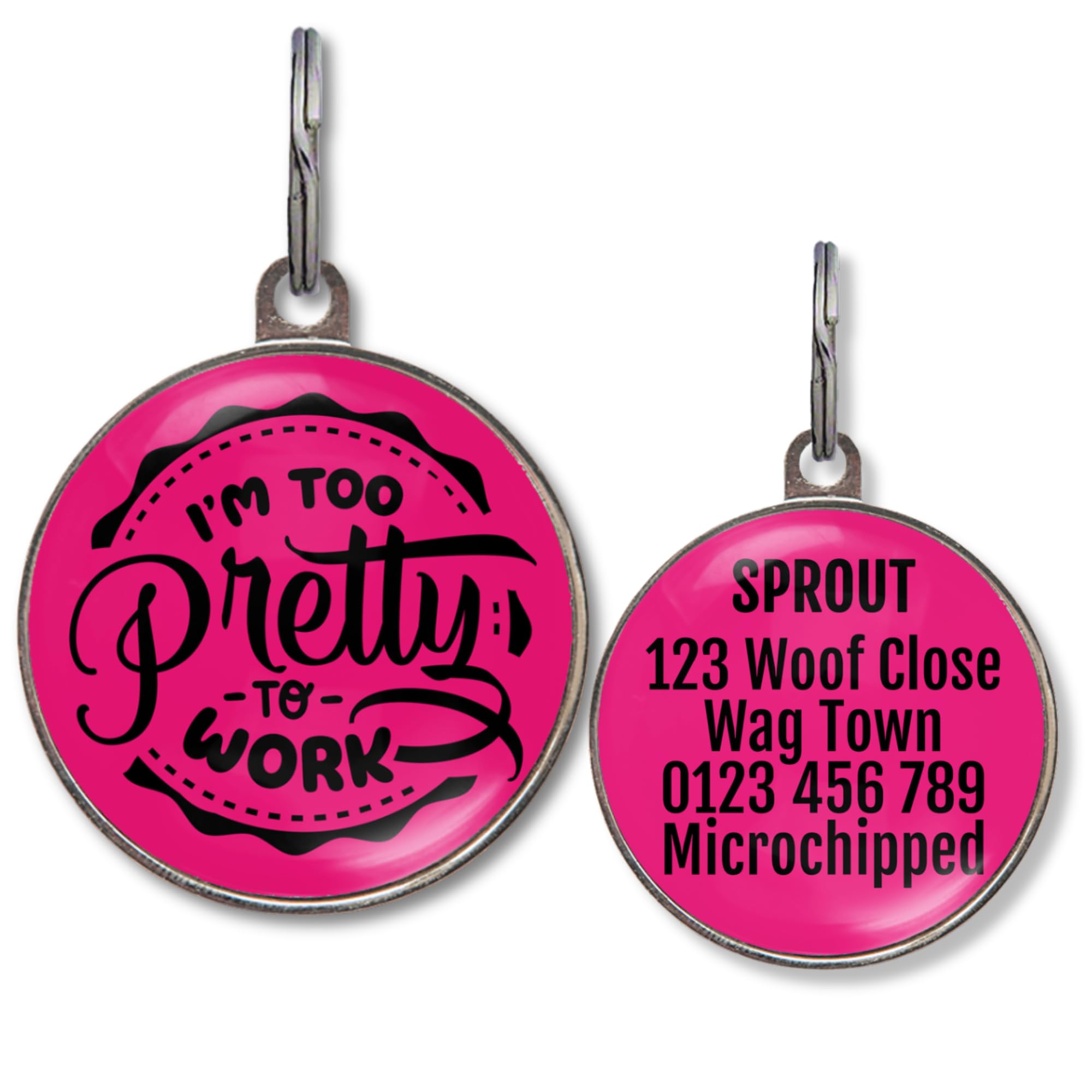 Dog Tags for Small Dogs – Personalised Small Pet Tags, 20+ Funny Sassy Designs, Lightweight Waterproof Pet ID Tag with Custom Back Info, 36 Colour Options (I'm Too Pretty to Work)