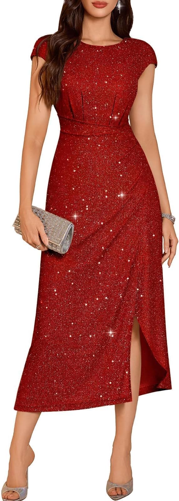 Women's Sparkly Formal Wedding Guest Dresses, Sequin Cocktail Party Evening Prom Slit Maxi Dress