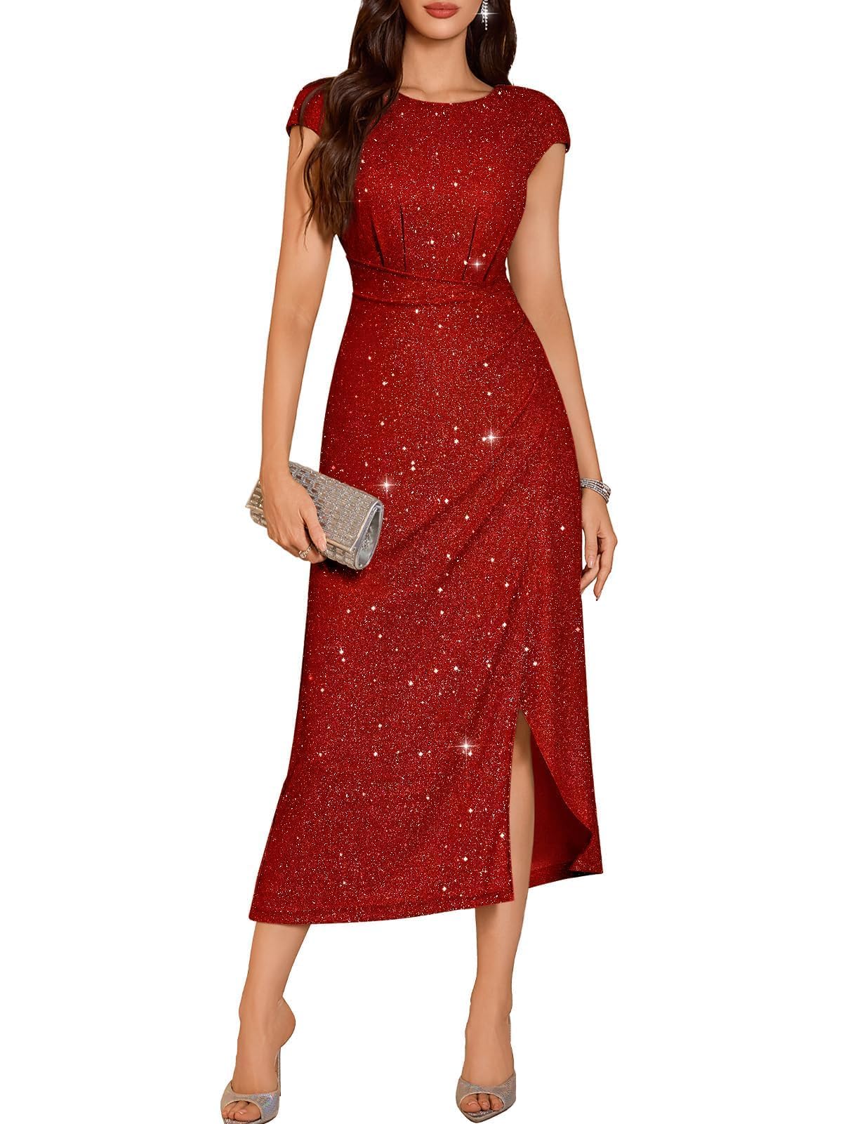 Women's Sparkly Formal Wedding Guest Dresses, Sequin Cocktail Party Evening Prom Slit Maxi Dress