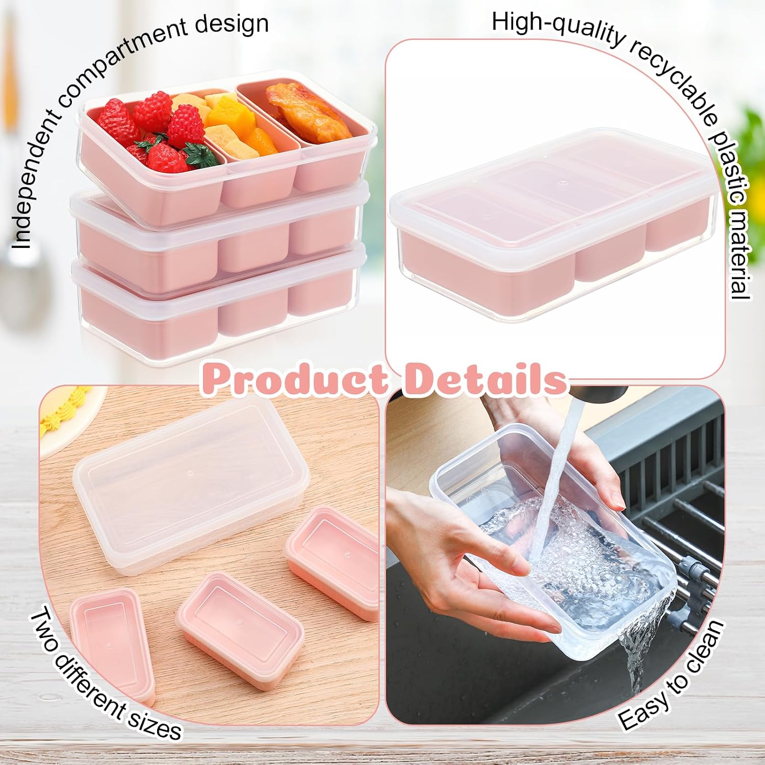 Honeydak 6 Sets Snack Boxes with 3 Removable Compartments Food Storage Containers Reusable Snack Boxes with Lids, Stackable Meal Prep Containers for Fridge Candy Microwave Dishwasher Travel(Red) image 5