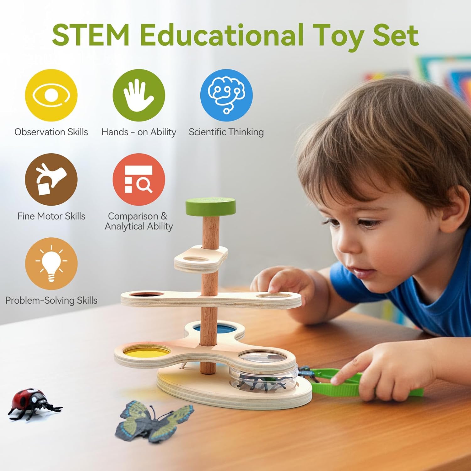 WOODEN TEETHER Nature Explorer STEM Kit with Adjustable Bug Viewer, Outdoor Science Exploration Set for Kids Ages 4-8, Montessori-Inspired Screen-Free Toys with Binoculars, Compass & Magnifying Glass