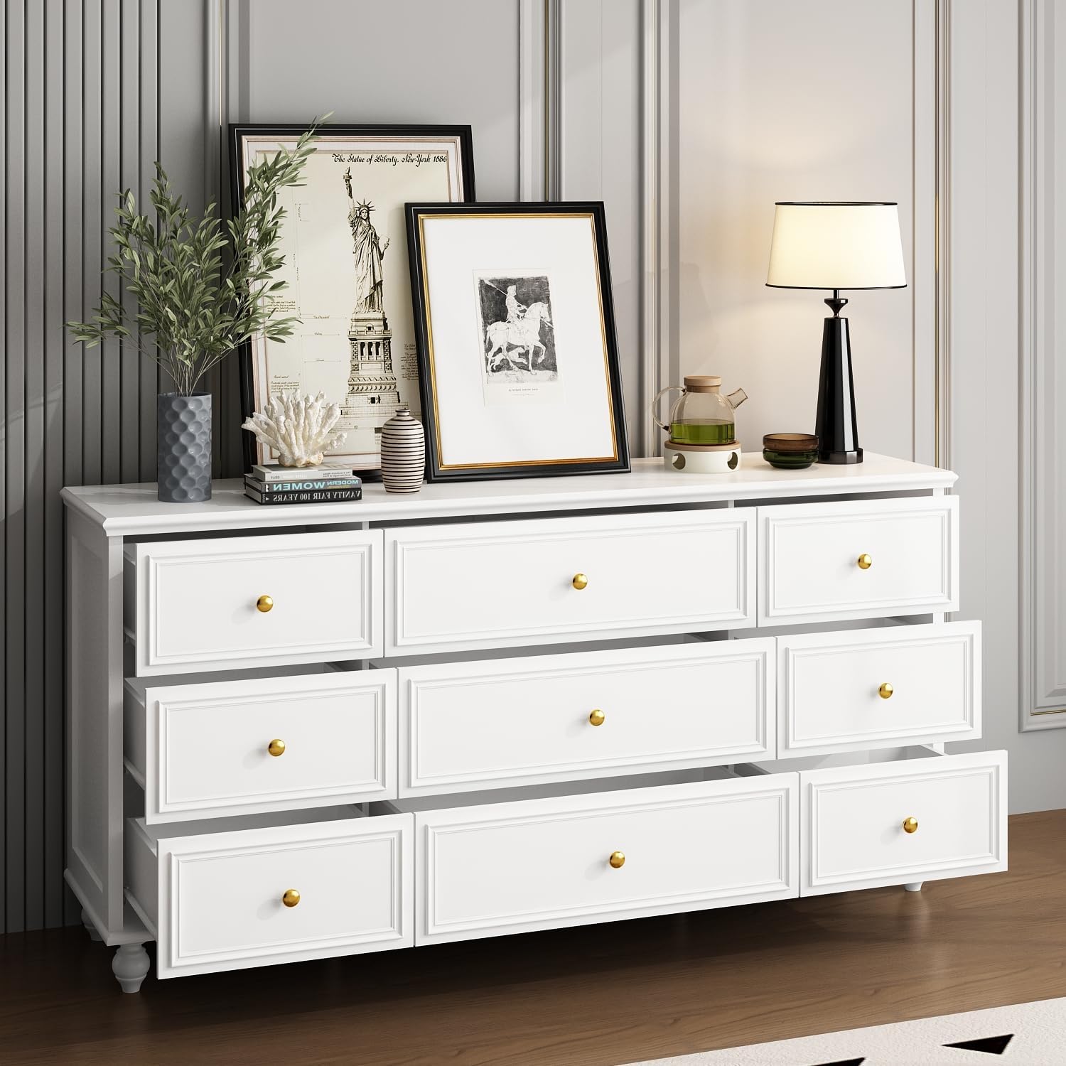White Dresser 9 Drawer Dresser, Wood Bedroom Dresser, Chest of Drawers for Nursery Storage, Drawer Organizer with Easy Pull Handle for Living Room, Closet, Hallway