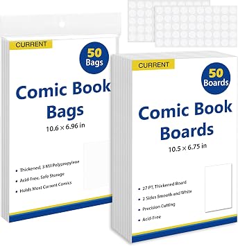 SUNEZLGO Current Comic Book Bags and Boards, 50 Comic Book Sleeves and 50 Backing Boards, 27 pt Thick and Coated, Acid-Free Clear Storage