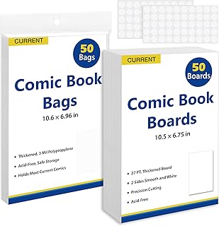 SUNEZLGO Current Comic Book Bags and Boards, 50 Comic Book Sleeves and 50 Backing Boards, 27 pt Thick and Coated, Acid-Free Clear Storage