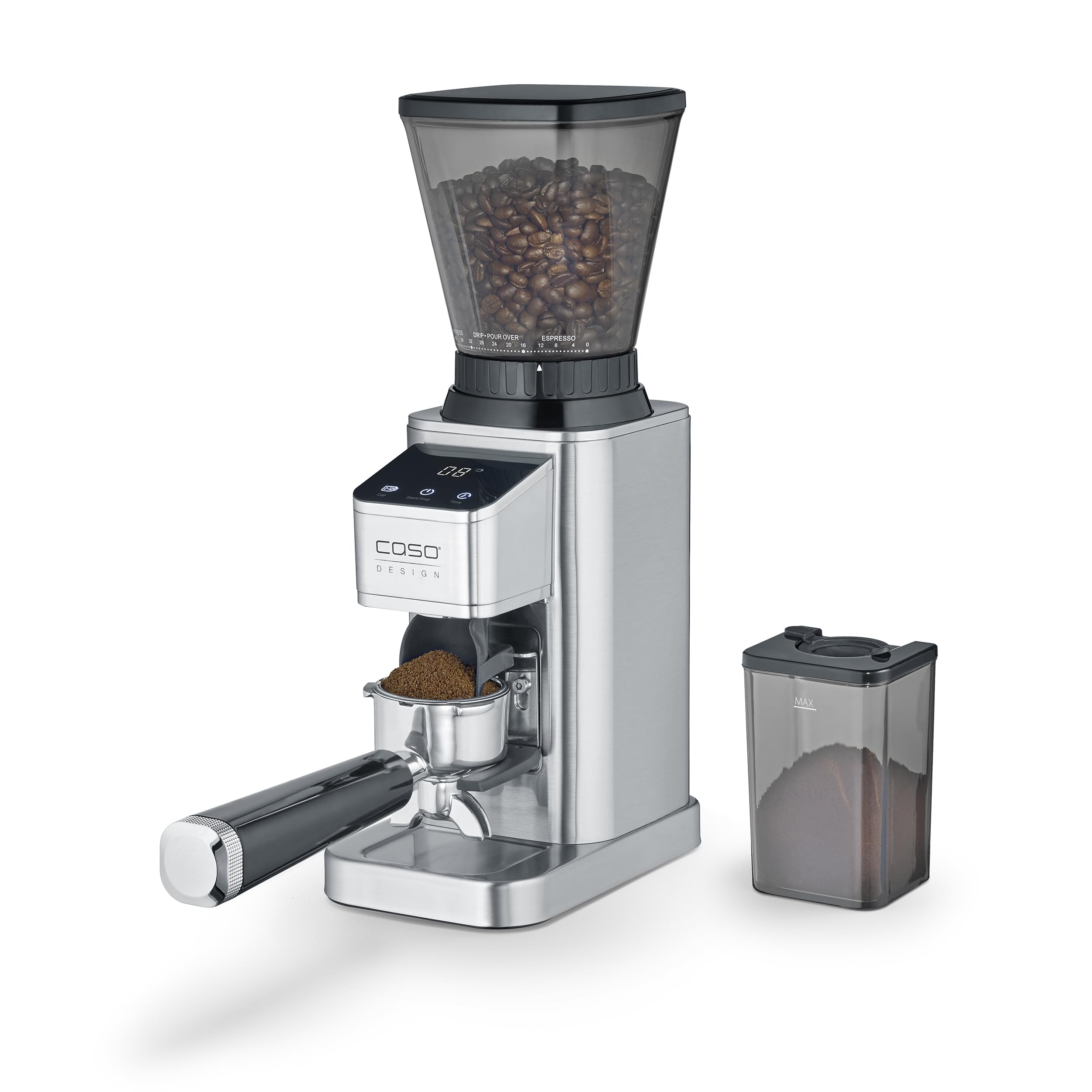 CASO BaristaChef Inox elektryczny młynek do kawy, stożkowy mechanizm mielący ze stali nierdzewnej, 48 stopni mielenia, 450 obr./min