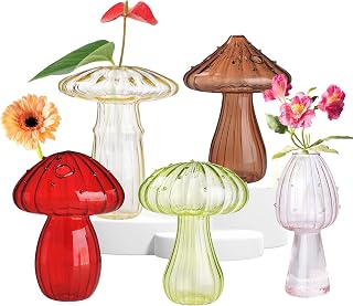 5 PCS Mushroom Shaped Glass Vase, Planters Clear Hydroponic Vase, Flowers Plants for Decorative Centerpiece,Table Decor,Home Wedding Party (5 Color)