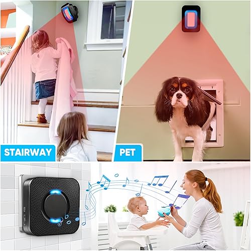 Miniatura 3 de Sensor de movimiento inalámbrico con luz LED, detector de movimiento, timbres de alarma, sensor de puerta con rango de 500 pies, sistema de monitor