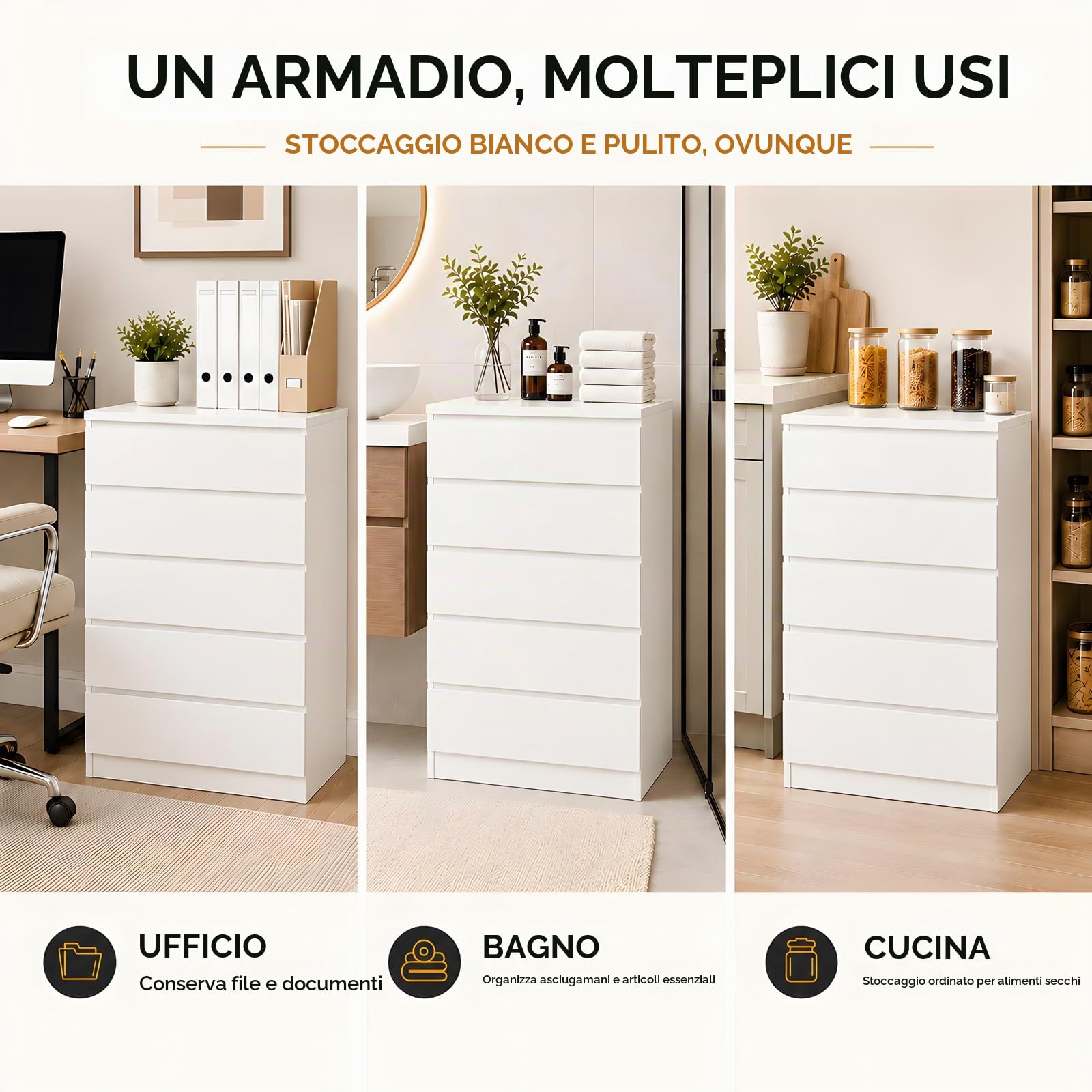 Cassettiera Bianca 5 Cassetti, 60 x 40 x 121 cm, senza Maniglie
