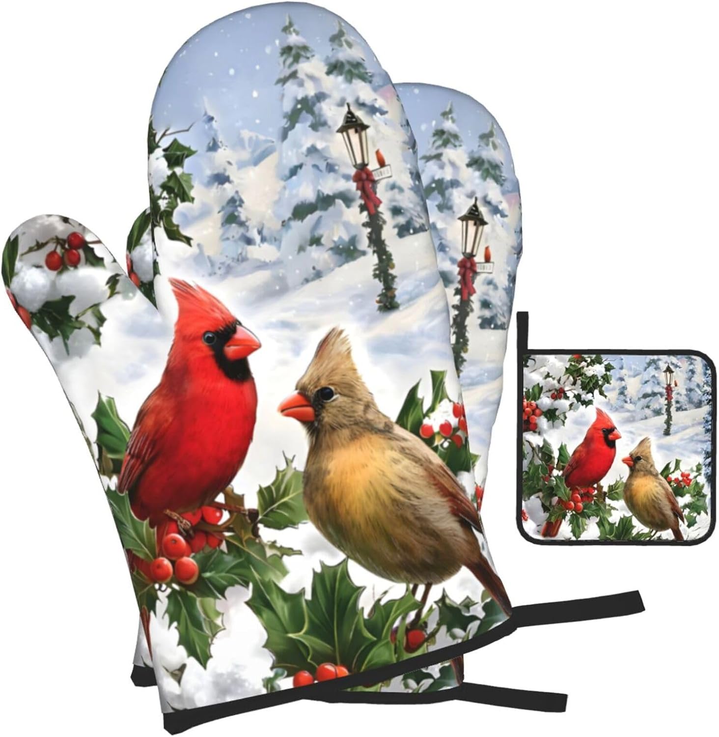 Winter Cardinal Christmas Oven Mitts and Pot Holders Sets of 3,Heat Resistant Hot Pads Oven Gloves for Cooking Grilling Baking, Christmas Kitchen Decor, for Women - Image 2