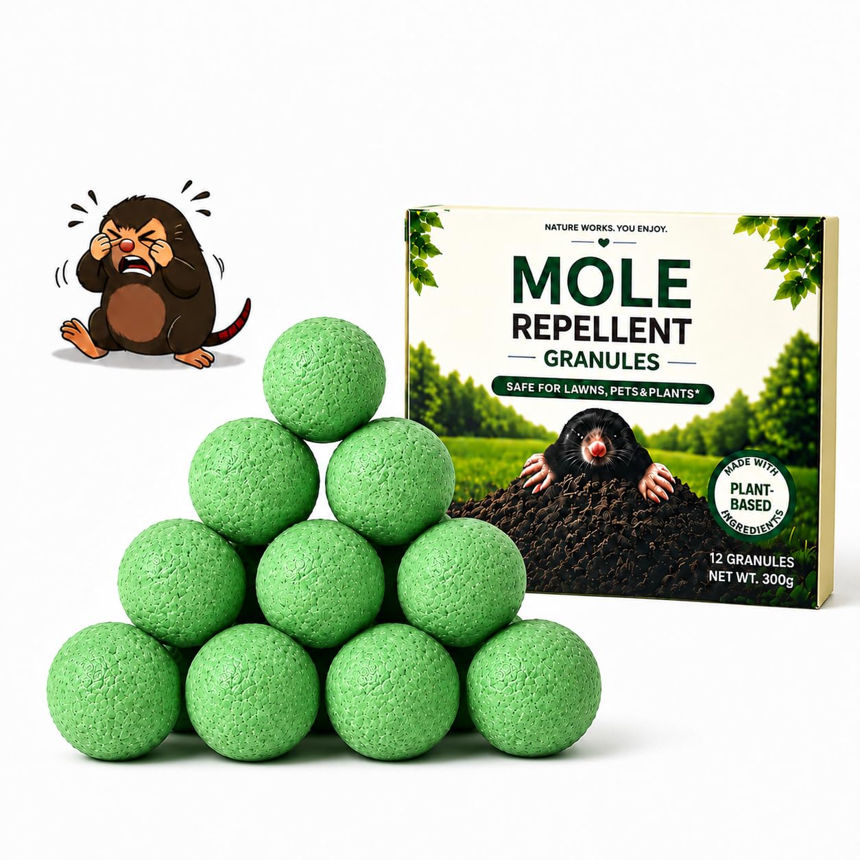 12 Pack Upgraded Mole Repellent Balls UK, Natural Plant-Derived Weather-Resistant Mole Deterrent, Safe for Pets, Easy to Use Outdoor Mole Repeller, Prevents Lawn & Garden Damage