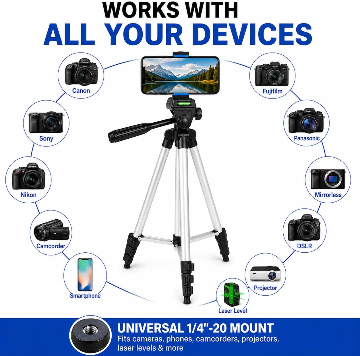 Acuvar 50" Aluminum Tripod for Phones, Cameras & Camcorders with Universal Phone Holder, Remote Shutter & Travel Bag for All Phones, iPhones, Samsung & Tripod for Cameras, Nikon Canon Sony image 4