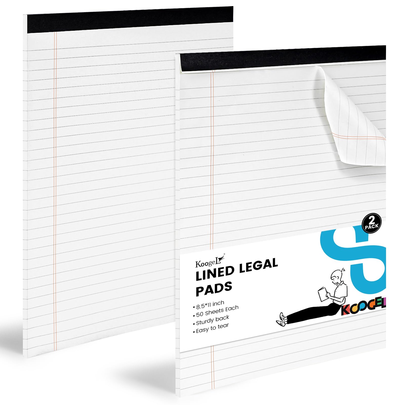 Koogel 2PCS Legal Pads 8 5x11inch 50 Sheets Wide Ruled Lined Perforated Notepads Writing Pads White Paper Pads