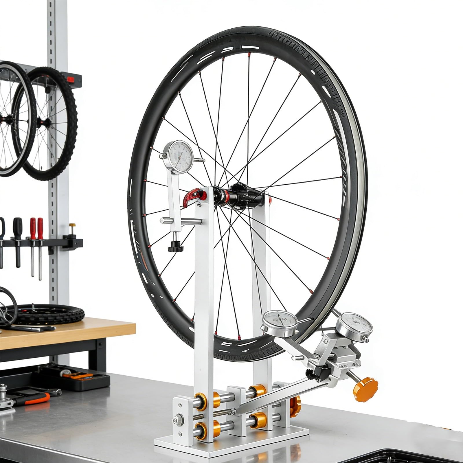 Herramienta de rectificado de ruedas de bicicleta, alineación de llantas de aluminio, 3 calibres, caídas ajustables de 55-200 mm, eje pasante, barra de 25 cm, llave de radios para ruedas de 16-29