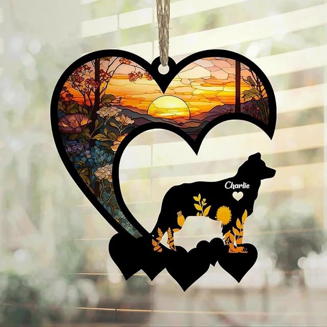 Luckluccy Border Collie Suncatcher, conmemorativo personalizado con nombre, adorno de condolencias para perros