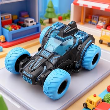 Friction Powered Flip Stunt Car, Push and Go Toy Car with 360 Upright Spin, Dual-Sided Rotating Off-Road Vehicle, No Batteries Required, Toy Car for Boys & Girls Ages 3 (Blue)