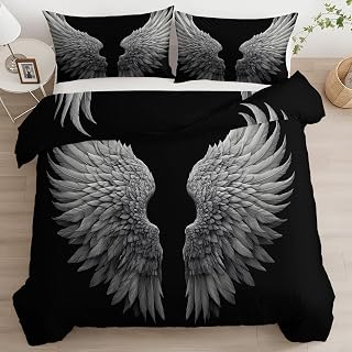 Duvet Cover Queen Fantasy Angel Sacred Wings Bedding Sets for All Seasons, 3 Pieces Home Bedroom Decorations Soft Microfiber Reversible Duvet Cover with Zipper Closure (Black)