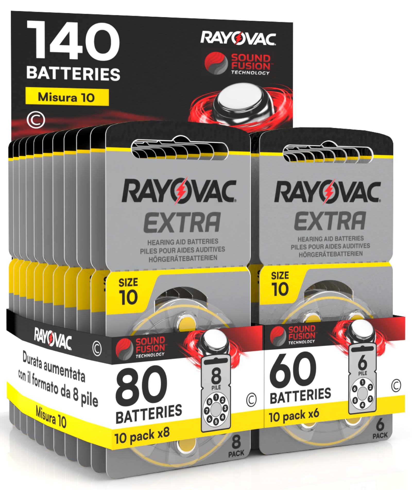 140 Piles Rayovac pour Appareils Auditifs, Taille 10 Sound Fusion Technology PR70 Udivita - 10 Blister de 6 et 10 Blister de 8 piles