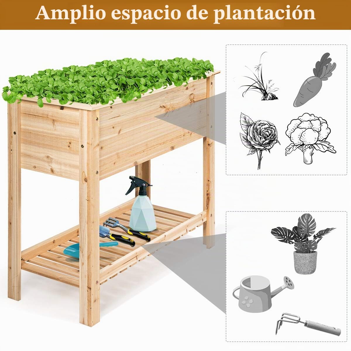 GOPLUS Huerto Urbano de Flores, Maceta de Cultivo de Madera de Abeto con Estante & Gran Superficie, Cama Elevada para Verduras y Flores, Jardinera para Balcón Patio Exterior, 92 x 41 x 81 cm