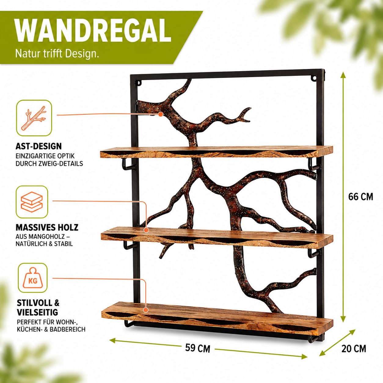 Kobolo Wandregal Hängeregal Bücherregal -AST Zweig- 3 Böden 59x20x66 cm