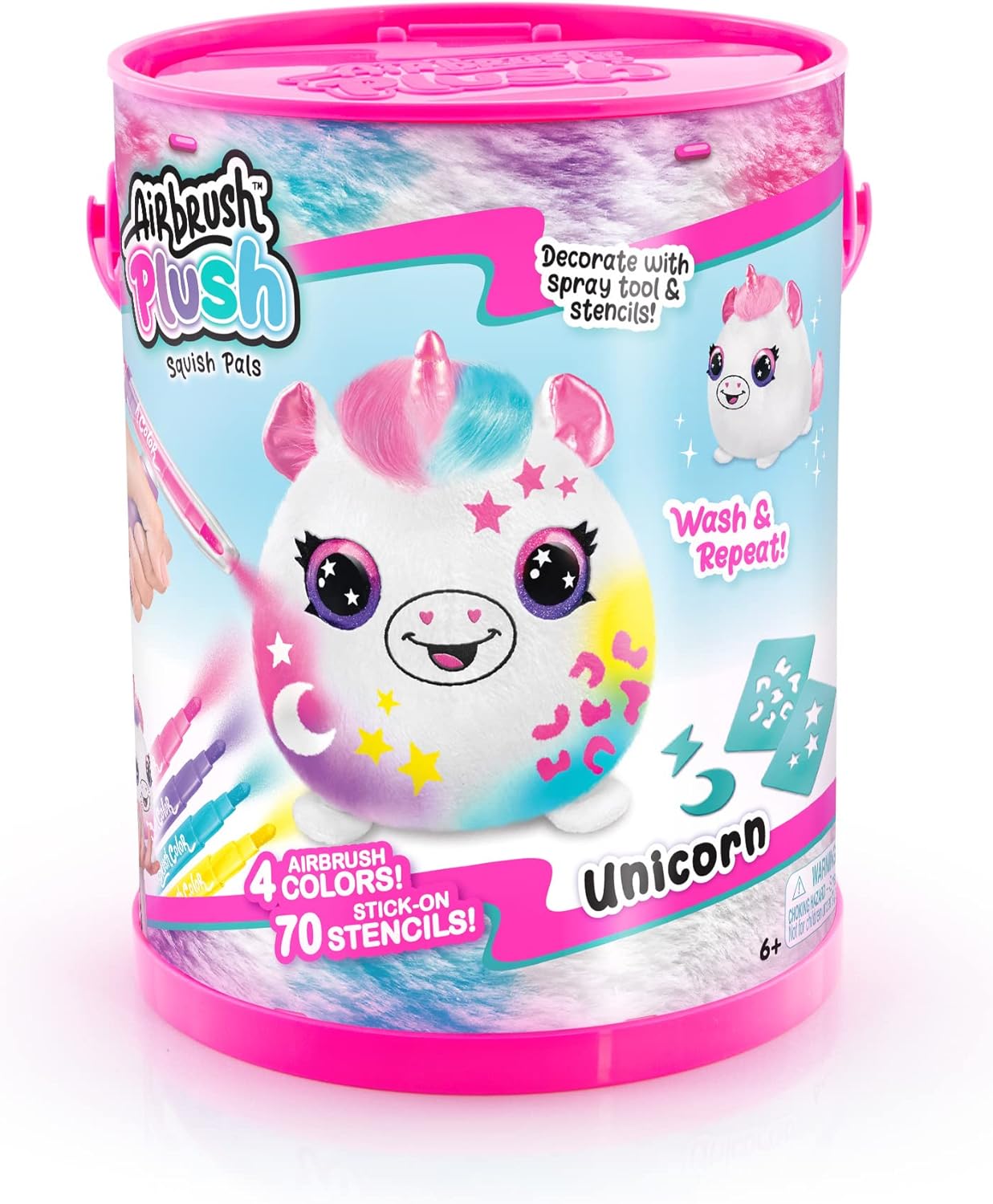 Canal Toys Personalize Airbrush Plush Medium Squishy Plush Unicorn! Decorate, wash, Repeat! Customize Your own Spray Art Plush with Markers, Airbrush Tool and 70+ Stencils. Ages 6+