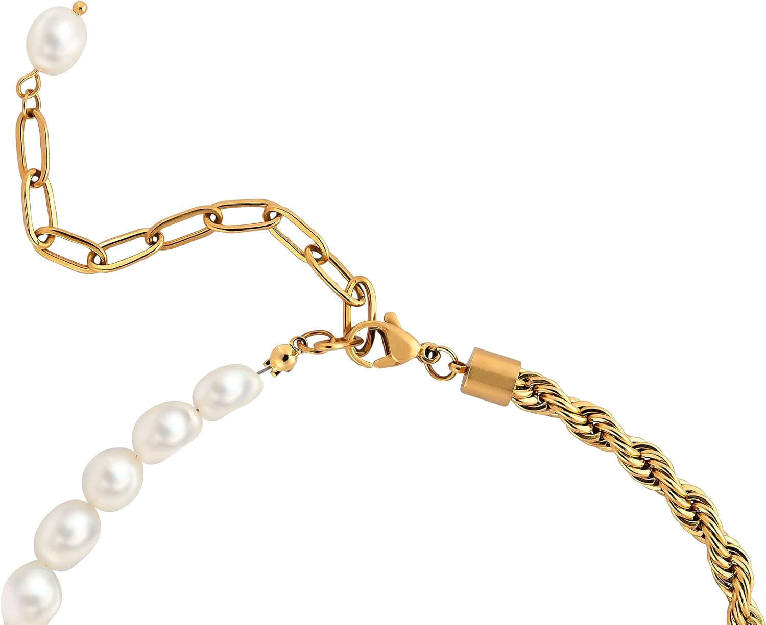 Half Pearl Half Chain Necklace, 18K Gold Plated Stainless Steel Twisted Rope Chain, Freshwater Pearl Stack, Vintage Style Hypoallergenic Necklace for Women - Image 3