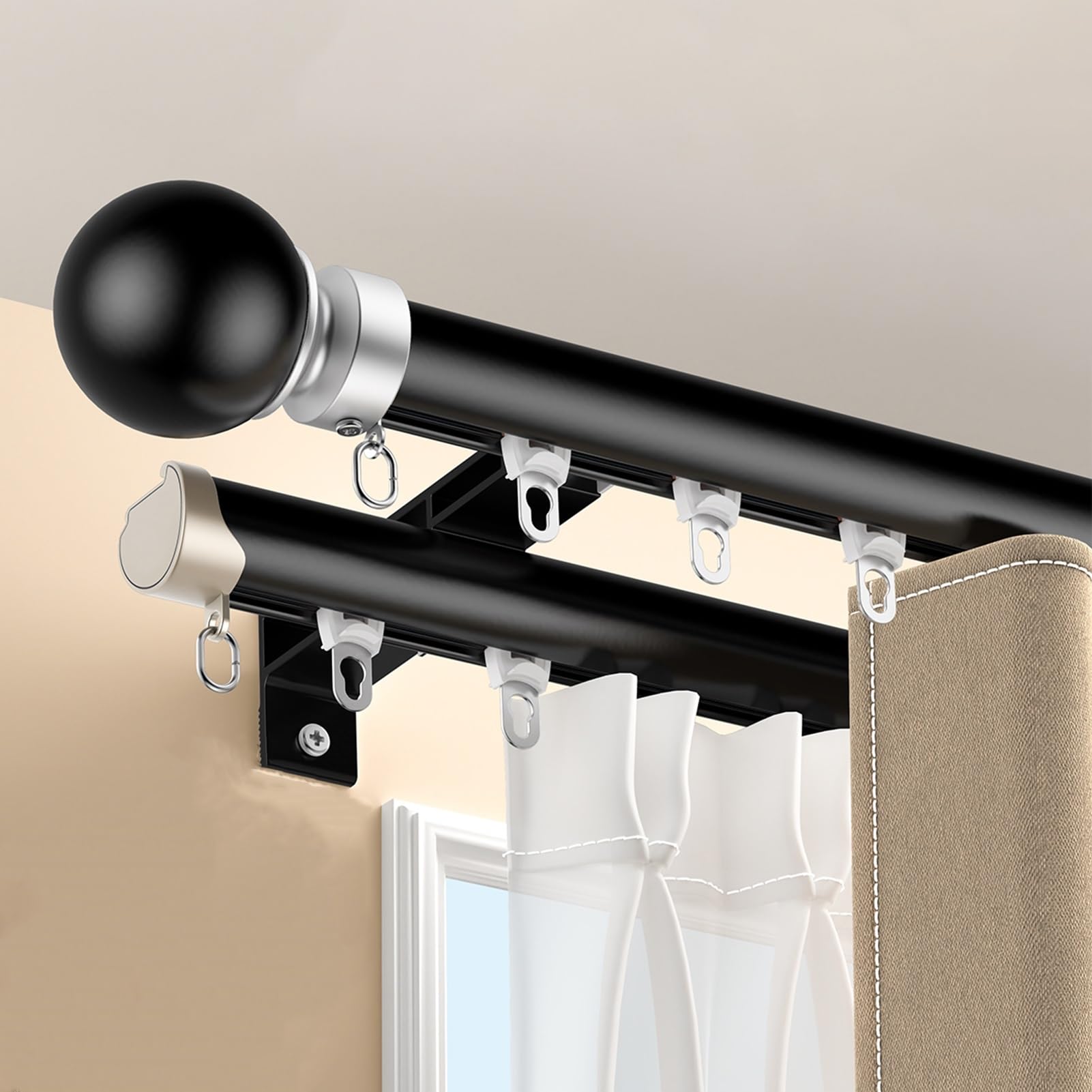 Cichy podwójny drążek z przegrodą pokoju, adjuble, aluminiowy pręt z końcówkami, 16 m, do salonu, sypialni, szpitala (czarny 4,6 m / 15.1ft)
