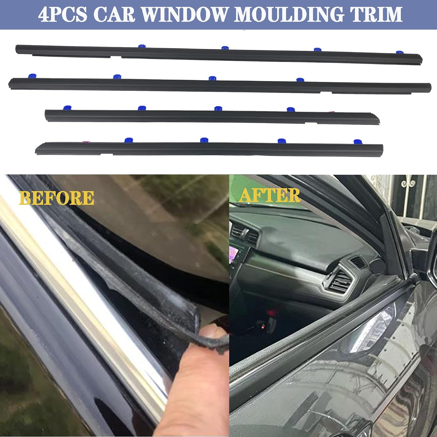 4Pcs Car Window Moulding Trim Weatherstrip Window Seal Compatible with 2012 2013 2014 2015 Honda Civic 4 Door Sedan Replaces 72450-TR0-A01 72410-TR0-A01 72950-TR0-A01 72910-TR0-A01