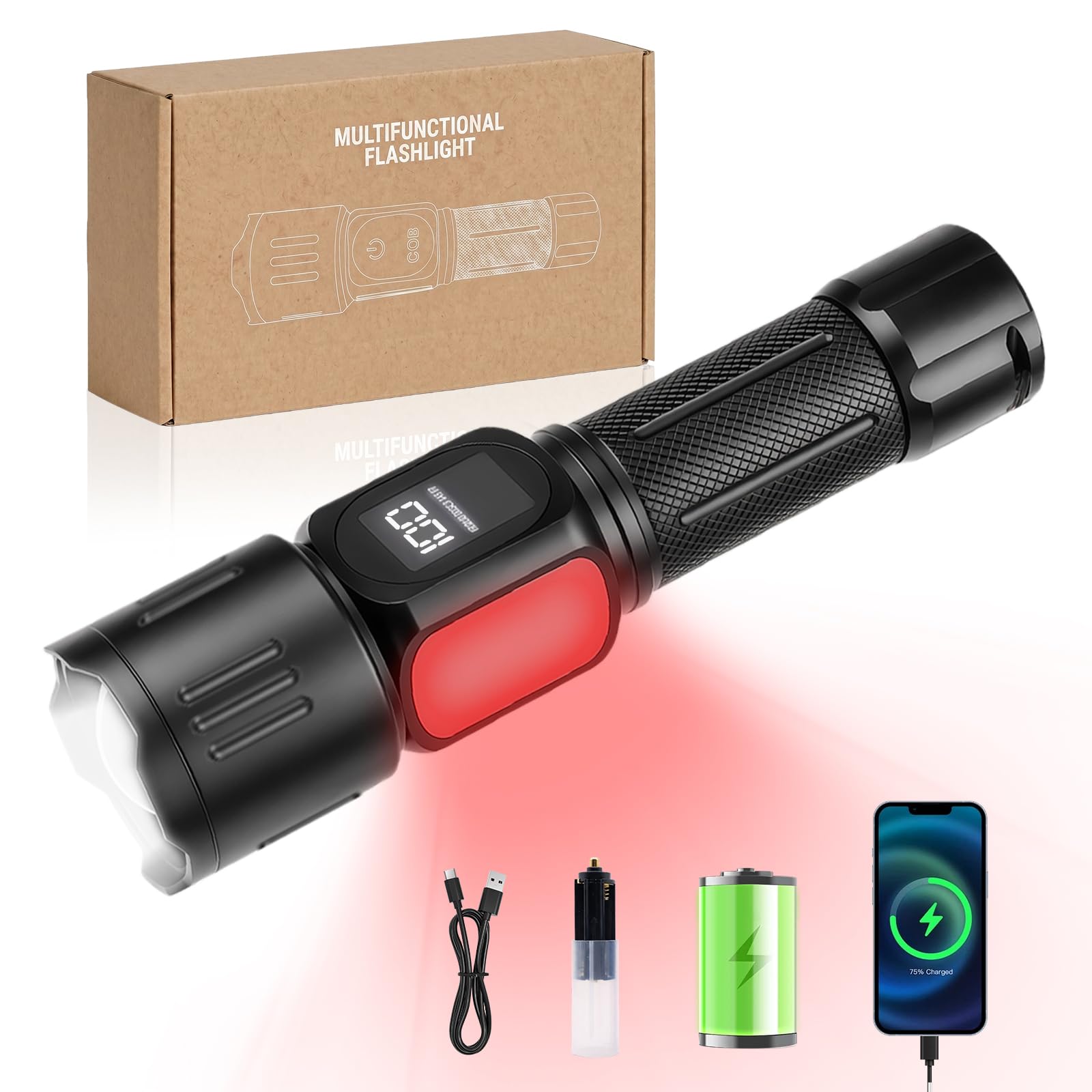 Vonavira Zoomable LED Tactical Torch with COB Side Light, LCD Power Display