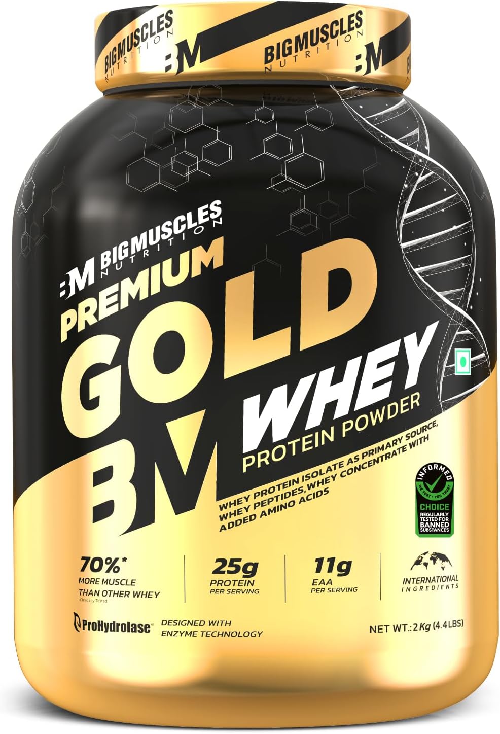 Premium Gold Whey [2Kilogram] | Informed Choice UK Certified | Isolate Protein Blend | 25G Protein | 11G EAA | Prohydrolase Enzyme Technology [Strawberry Milkshake], 37 Grams