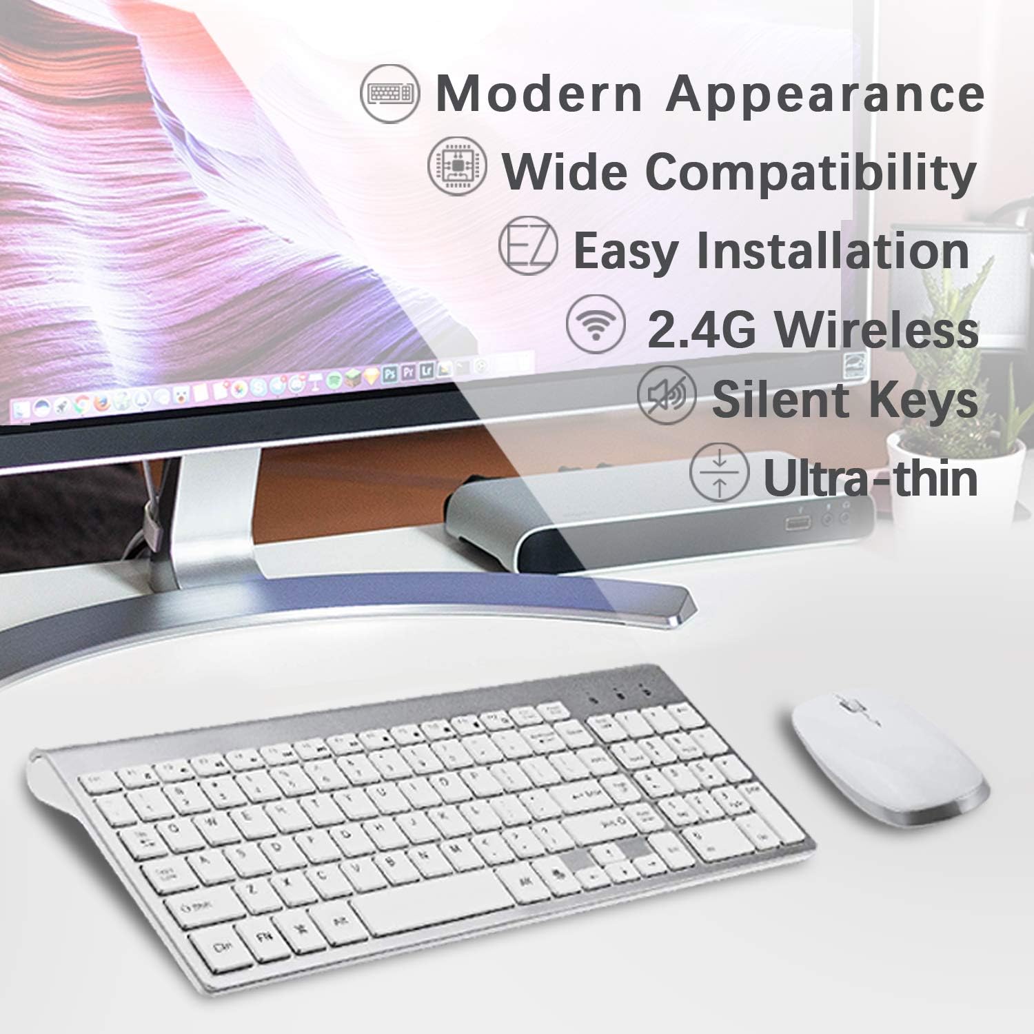 Wireless Keyboard and Mouse Combo, ORIGINTECH Full Size USB Ergonomic Silent Keyboard and Mouse Set for Windows iMac Mac PC Laptop Desktop Computer(Silver and White)