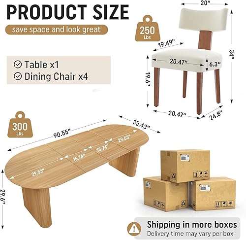 Miniatura 10 de Juego de mesa de comedor ovalada extensible de 59 a 90 pulgadas con 6 sillas de comedor con respaldo en T para 6 personas, moderna mesa de comedor