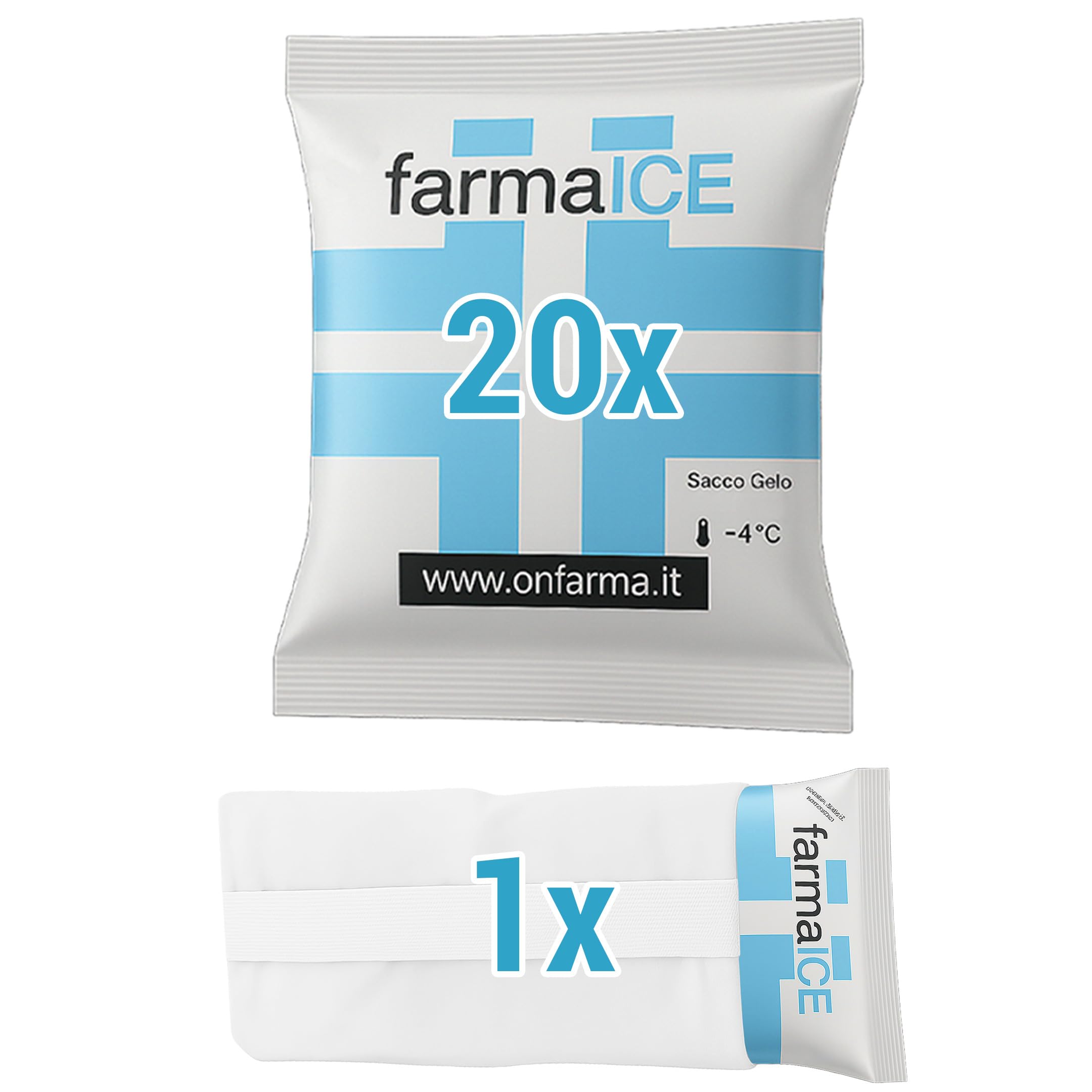 OnFarma FARMA ICE GHIACCIO IN BUSTA ISTANTANEO 20 PEZZI + TASCA PORTAGHIACCIO, Ghiaccio secco Sintetico per Traumi, Sport e Crioterapia, Pronto Uso.