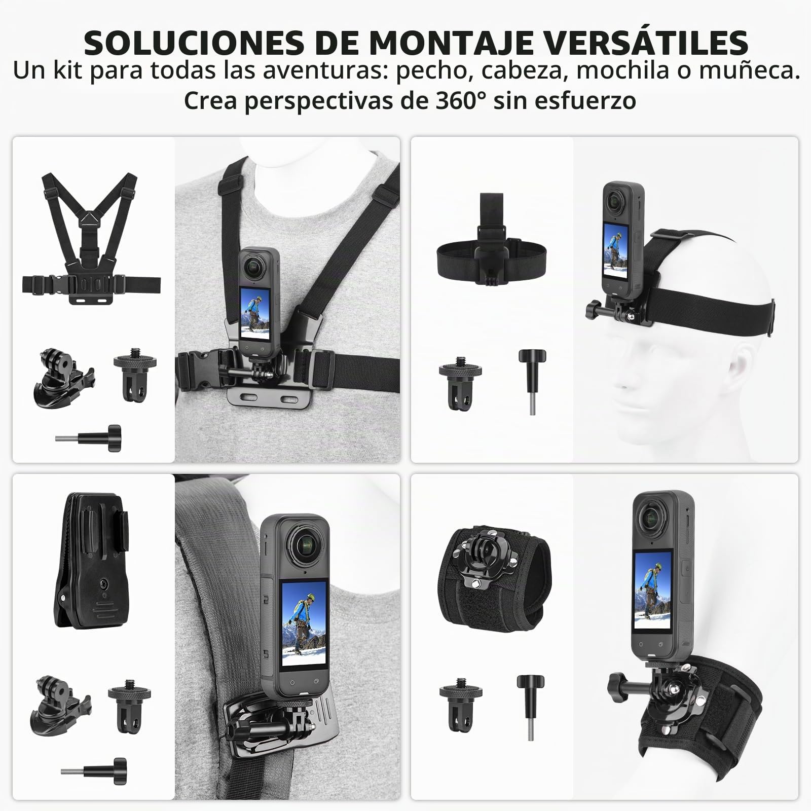 BRDRC Kit de accesorios para Insta 360 X5 X4, correa de cabeza de montaje en el pecho, correa de muñeca, adaptador giratorio de 360° + liberación rápida para Insta360 One X5 X4 X3 X2 X paquete de