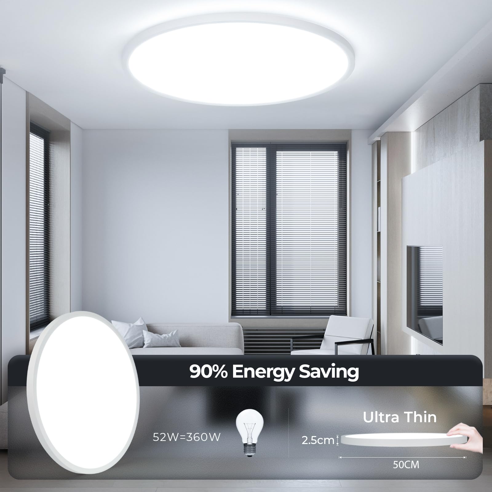 EASY EAGLE Plafoniera led soffitto, 50CM Lampadario led soffitto 6500K, 52W Lampada da Soffitto LED Moderno per Camera da Letto soggiorno Cucina Balcone Bagno Ufficio, Rotondo