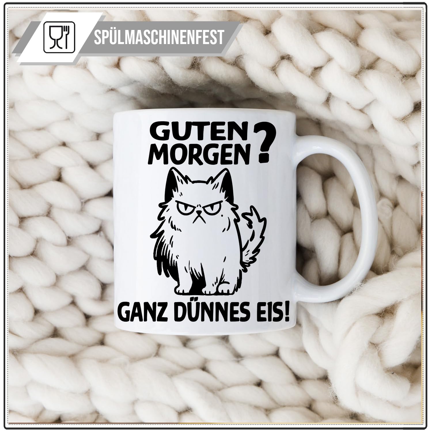 OM3 Tazza Divertente Con Scritta 'Buongiorno? Ghiaccio Molto Sottile!' – Gatto – Ceramica 325 Ml – Bianca – Stampata Su Entrambi I Lati