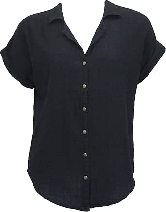 Ezze Wear Women's Ronnie Cotton Dotty Gauze Snap Shirt Tunic Top Black