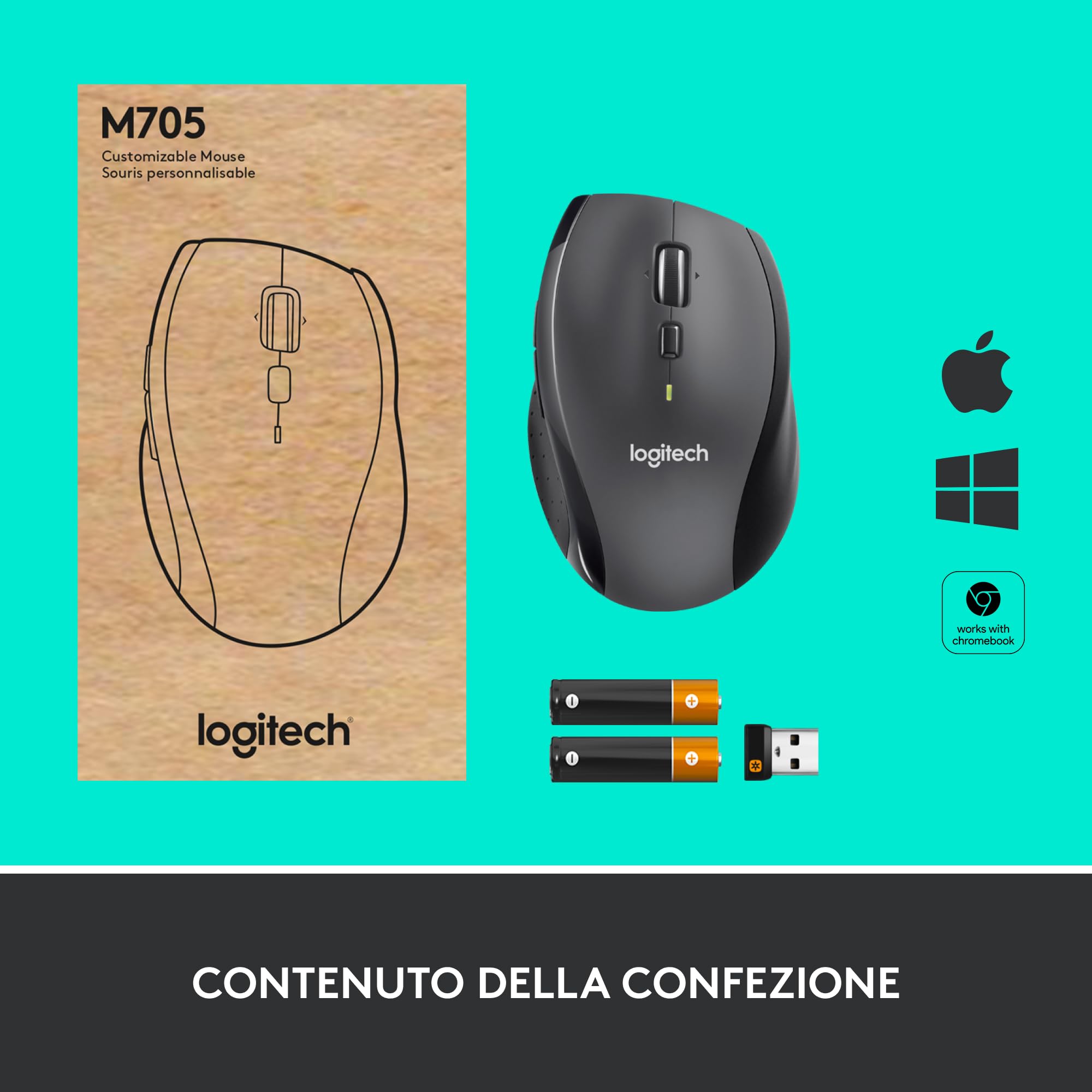 Logitech M705 Marathon Mouse Wireless, Ricevitore USB Unifying 2,4 GHz, 1000 DPI, 5 Pulsanti Programmabili, Durata Batteria di 3 Anni, Compatibile con PC, Mac, Laptop, Chromebook - Grafite