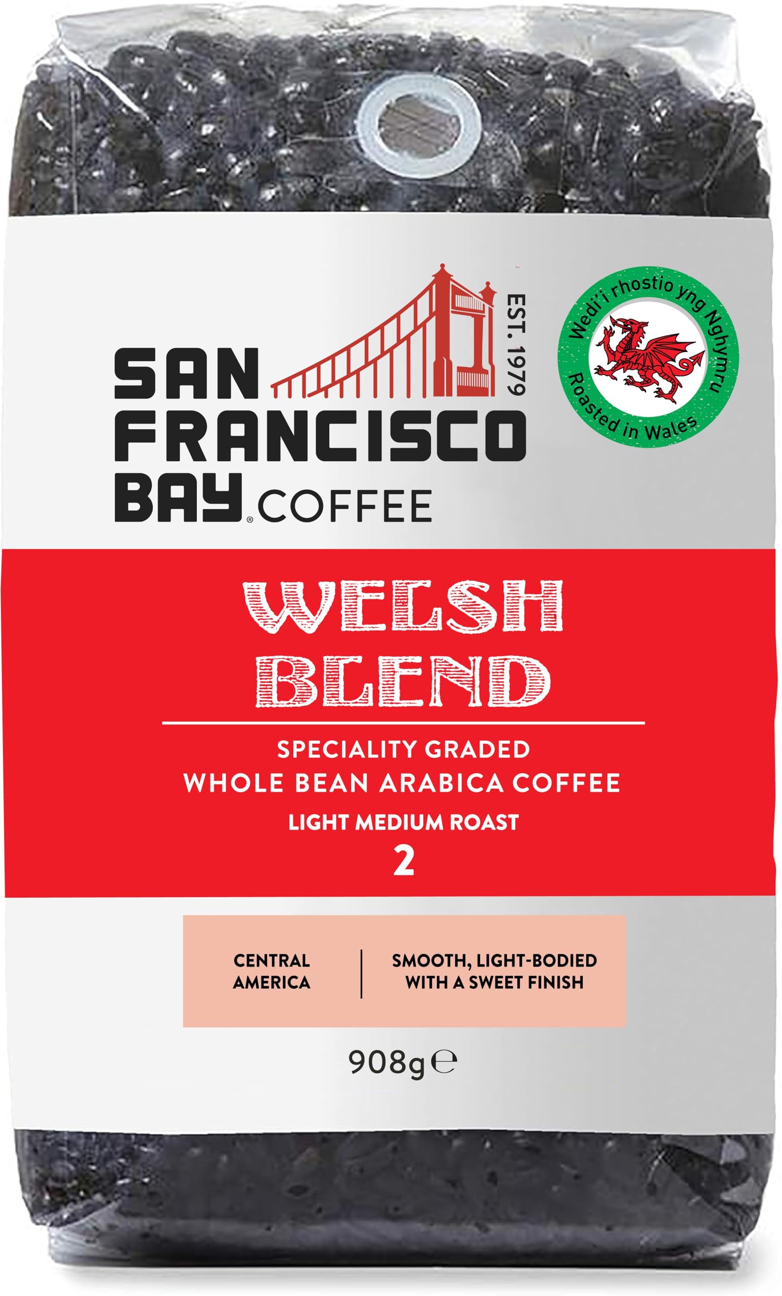 San Francisco Bay Welsh Blend Whole Bean Coffee, 908g – Medium Roast 100% Arabica – Full-Bodied Central American Blend – Freshly Roasted in the UK