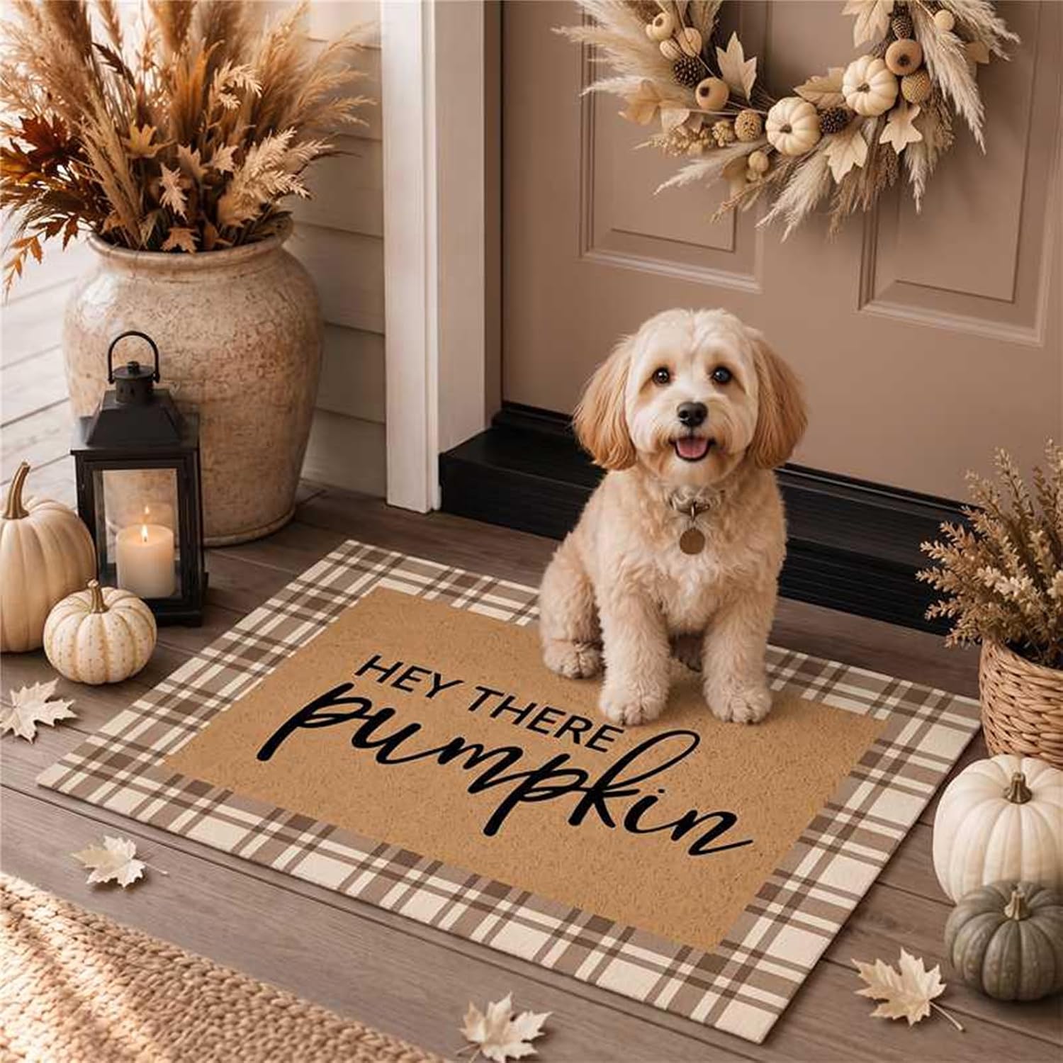 Drydiet 2 Pcs Fall Hey There Pumpkin Layered Doormat Set, Brown, Beige