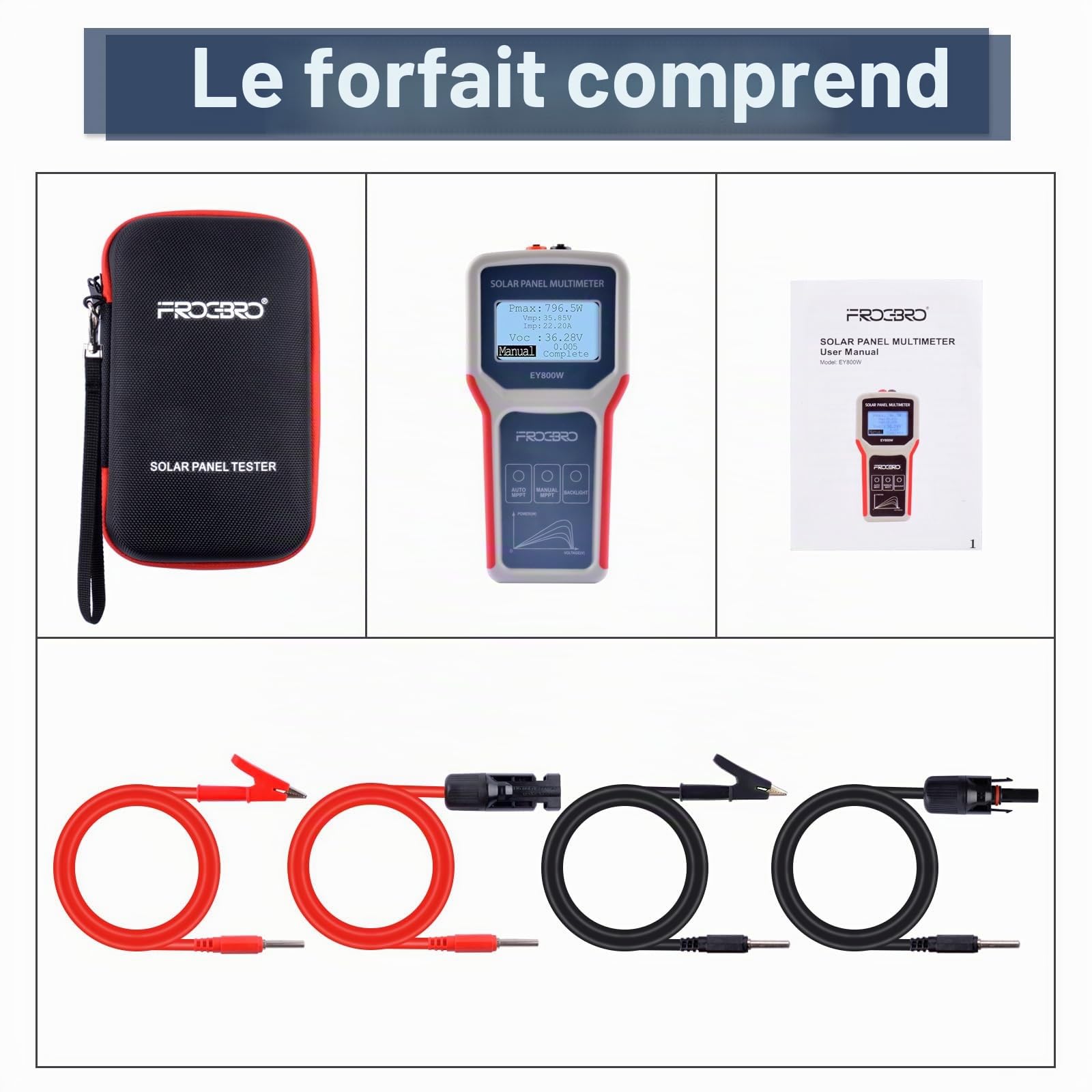 Testeur de Panneaux Solaires FB673PV, Multimètre Photovoltaïque 800W, Testeur MPPT Intelligent avec Écran LCD Clair, Outil de Diagnostic pour Tension en Circuit Ouvert (EY800W)