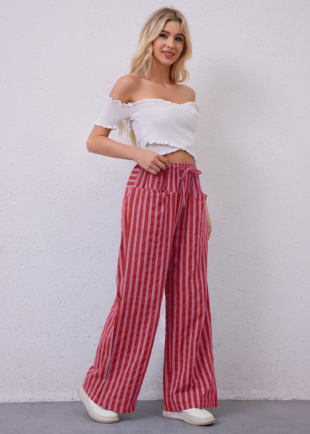 MISSACTIVER Women Drawstring Striped Pants Loose Wide Leg Trousers Casual Low Waist Pants Comfy Lounge Pants with Pockets - Image 7