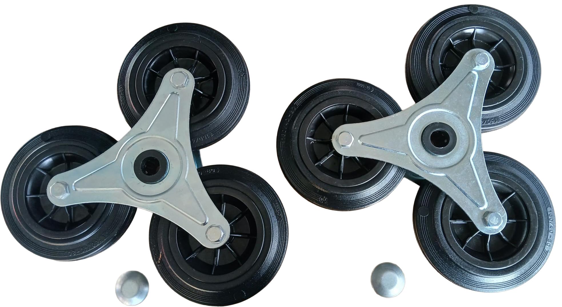 Estrellas para carretilla de escaleras, goma maciza, 160 x 40 mm, negro, 3 ruedas con rodamiento deslizante y rodamiento de rodillos, carcasa de chapa de acero galvanizado