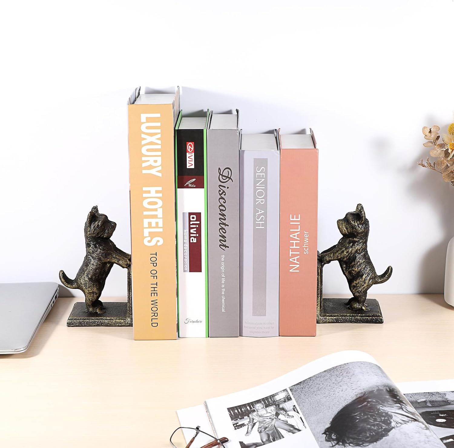 2 Pack Dog Decorative Bookends for Shelf - Cast Iron Book Ends Cute Dog Bookend Support for Home Decor, Heavy Duty Book Stands Vintage Antique Shelf Decor for Reading Enthusiasts or Dog Lovers