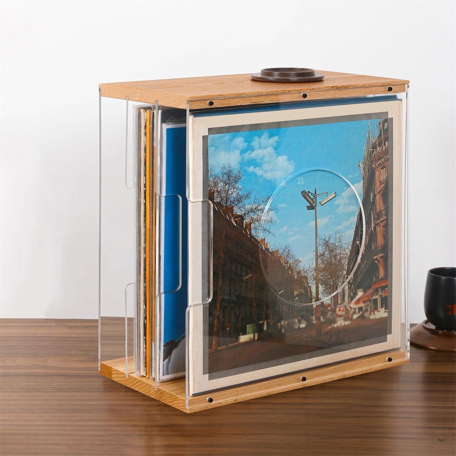 Scaffale per dischi in vinile, custodia per CD in legno con divisori in acrilico trasparente, supporto per dischi per l'organizzazione domestica, adatta per dischi in vinile standard