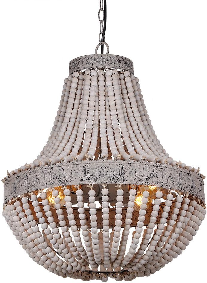Anmytek Metal and Circular Wood Bead Chandelier Pendant Three Lights Grey White Finishing Retro Vintage Industrial Rustic Ceiling Lamp Light Anmytek Metal and Circular Wood Bead Chandelier Pendant Three Lights Grey White Finishing Retro Vintage Industrial Rustic Ceiling Lamp Light