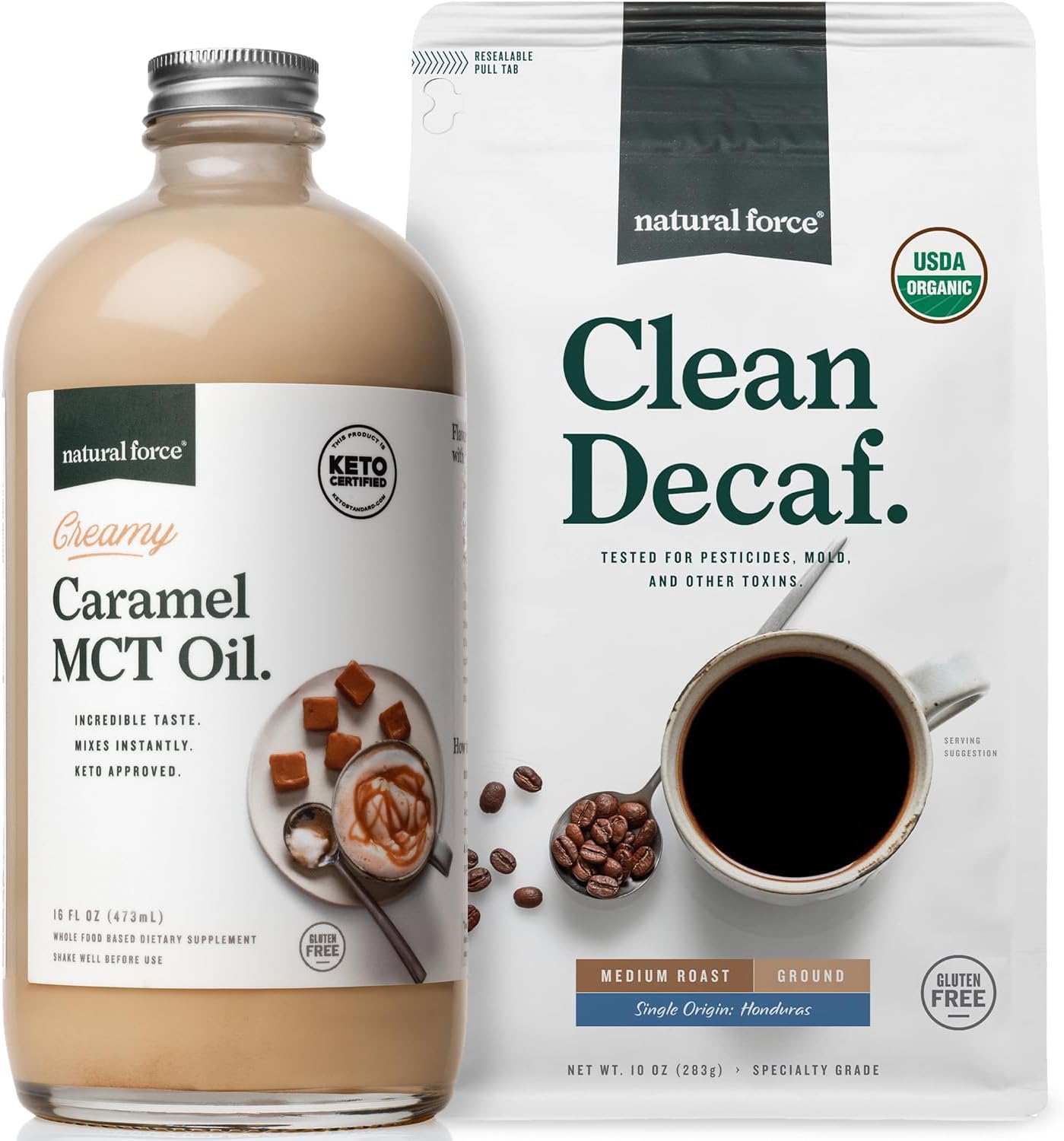 Natural Force Organic Ground Clean Decaf Coffee + Creamy Caramel MCT Oil Bundle – Flavored MCT Creamer & Mold & Mycotoxin Free Coffee – Non-GMO, Keto, Paleo, and Vegan-10 Oz Bag and 16 Oz Glass Bottle