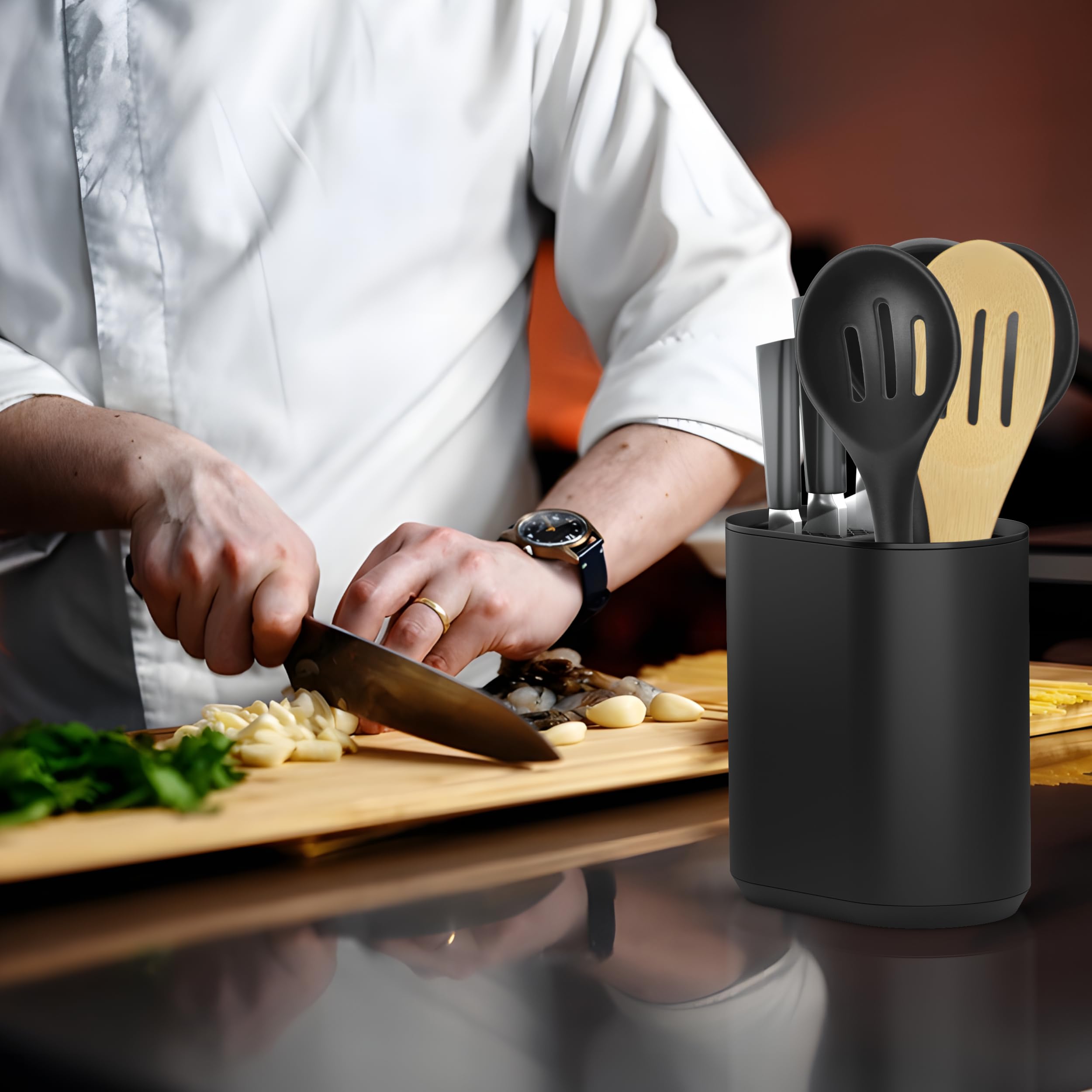 Porta Mestoli e Ceppo Coltelli da Cucina, Porta Utensili Moderno in Plastica Nero Opaco, Organizzatore per Coltelli e Mestoli, Design Compatto e Elegante